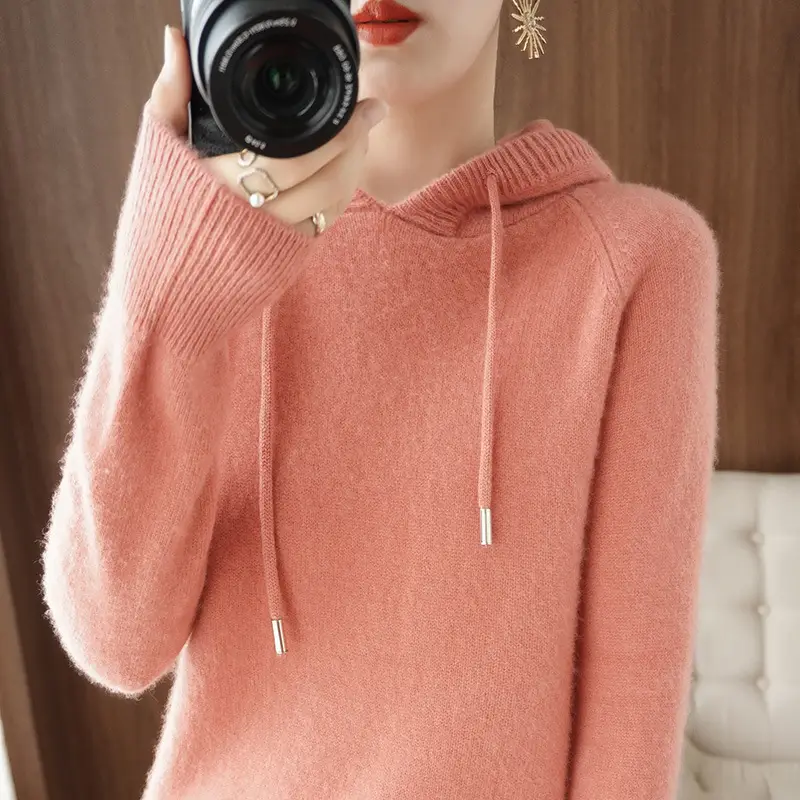 Women's Brown Hooded Long Sleeve Knit Sweatshirt