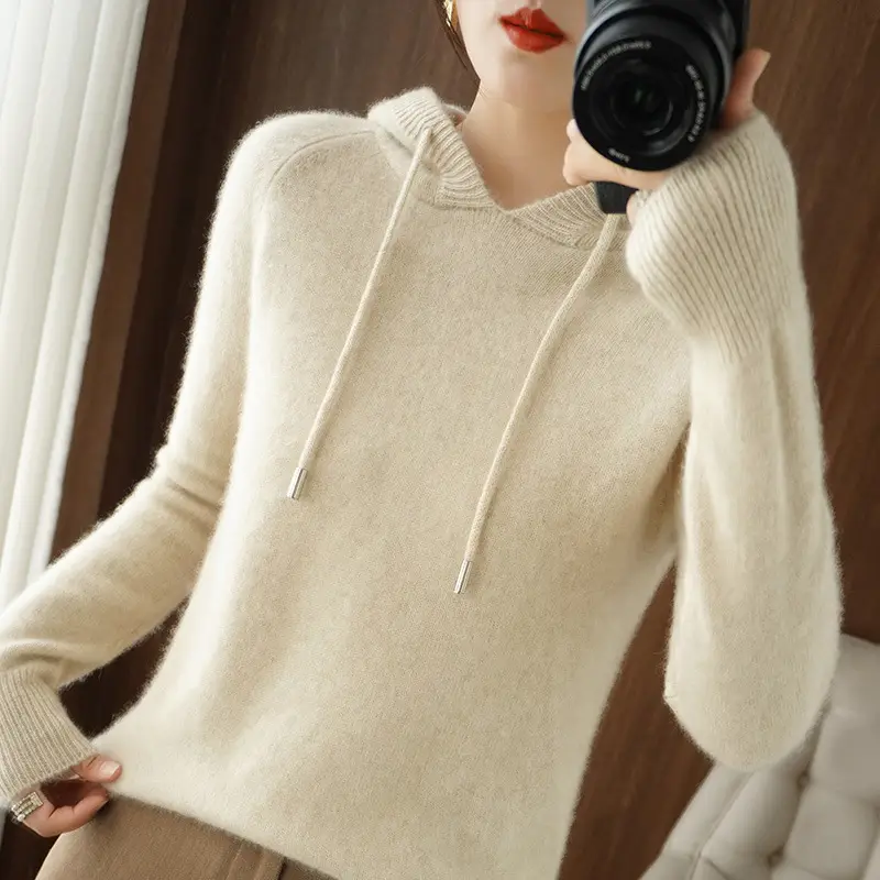 Women's Brown Hooded Long Sleeve Knit Sweatshirt