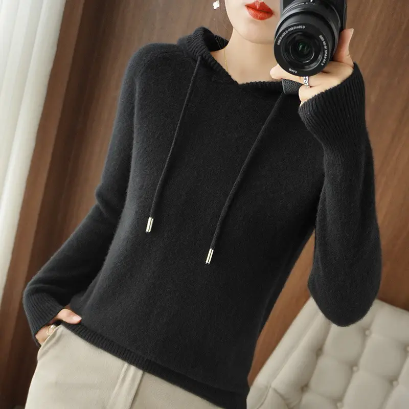 Women's Brown Hooded Long Sleeve Knit Sweatshirt