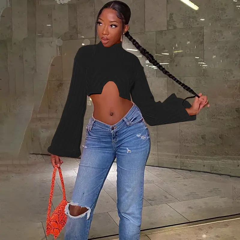 Blue Long Sleeve Women's Casual Top with Cutout Mid Waist