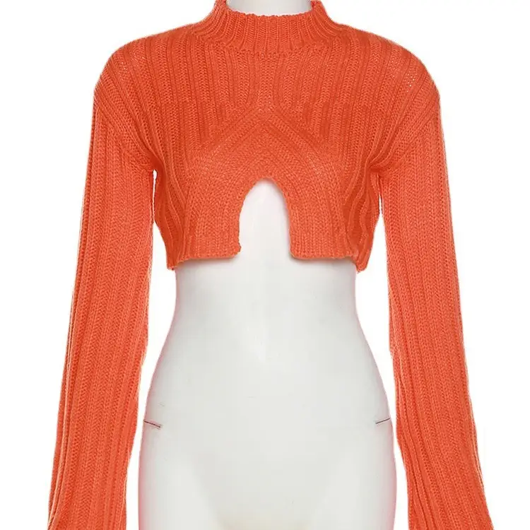Blue Long Sleeve Women's Casual Top with Cutout Mid Waist