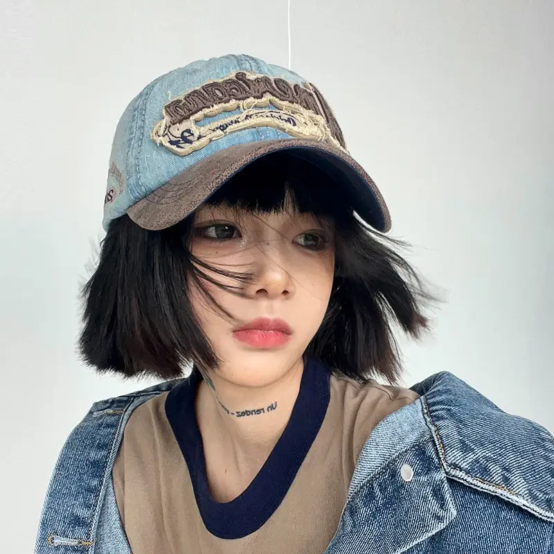 American Hot Girl Washed Peaked Cap Blue Brown