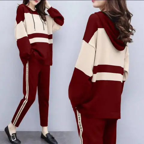 Women 2-Piece Sweatshirt Track Suit Maroon Beige Loose Fit