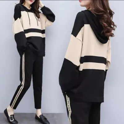 Women 2-Piece Sweatshirt Track Suit Maroon Beige Loose Fit