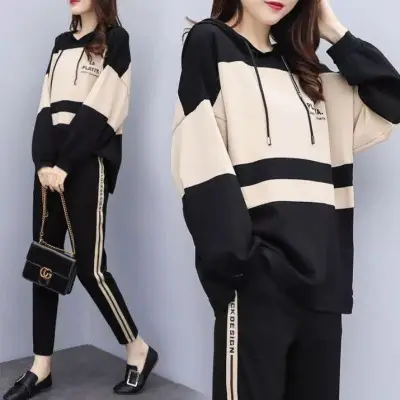 Women 2-Piece Sweatshirt Track Suit Maroon Beige Loose Fit