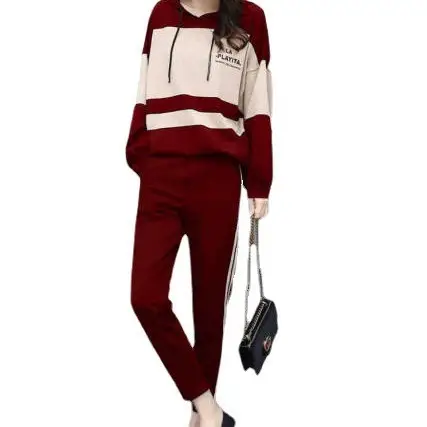 Women 2-Piece Sweatshirt Track Suit Maroon Beige Loose Fit