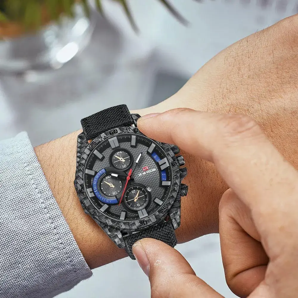 Carbon Fiber Military Style Wristwatch with Red Dial - Image 8