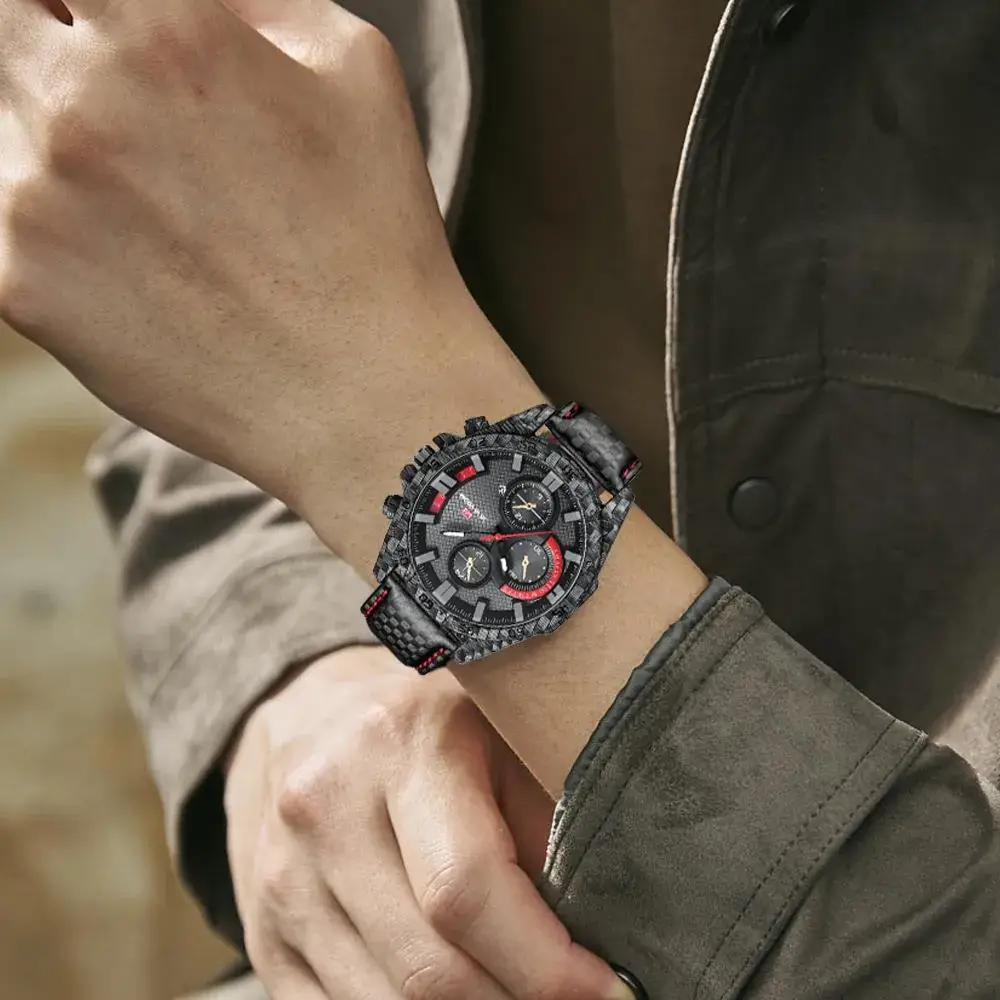 Carbon Fiber Military Style Wristwatch with Red Dial - Image 9