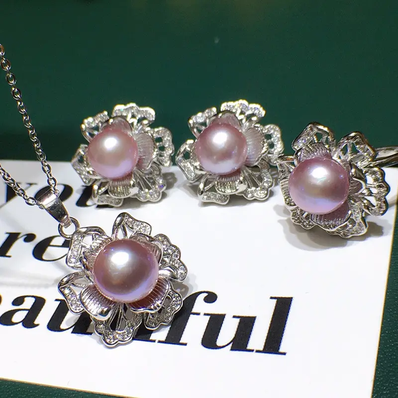 Freshwater Pearl 3D Flower Necklace Set 8-9mm Yellow