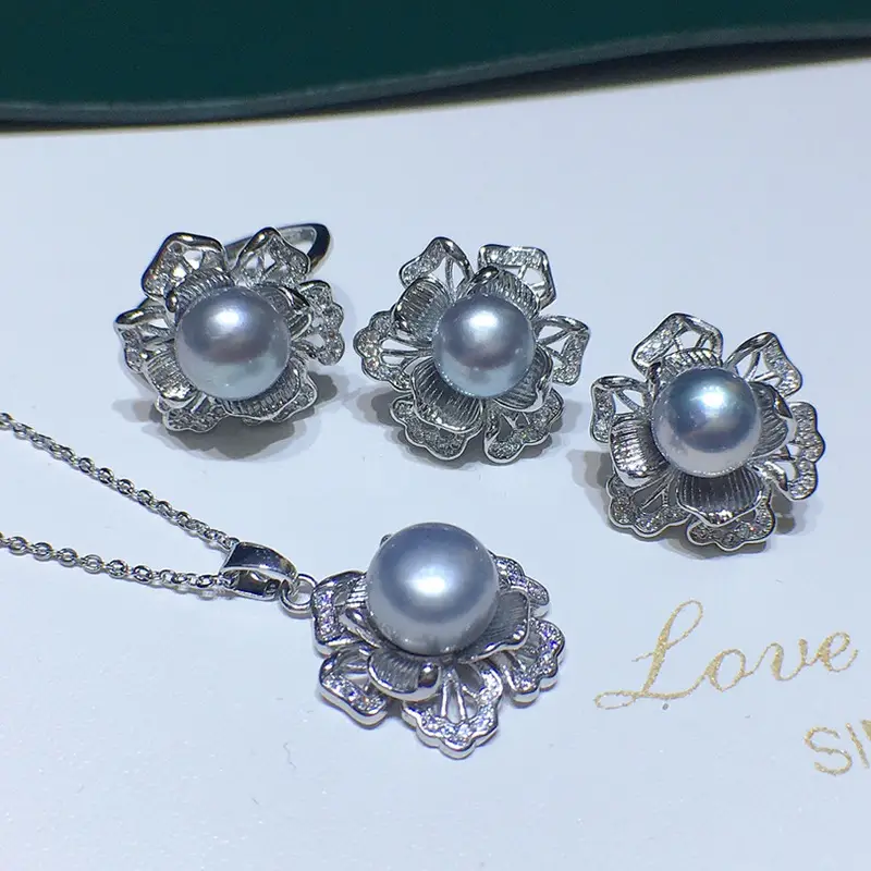 Freshwater Pearl 3D Flower Necklace Set 8-9mm Yellow