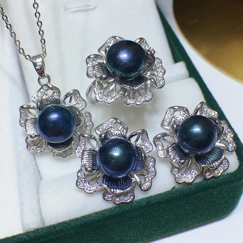 Freshwater Pearl 3D Flower Necklace Set 8-9mm Yellow
