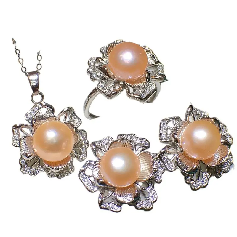 Freshwater Pearl 3D Flower Necklace Set 8-9mm Yellow