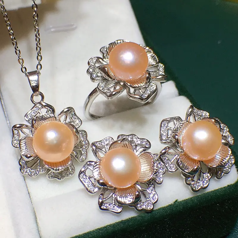 Freshwater Pearl 3D Flower Necklace Set 8-9mm Yellow