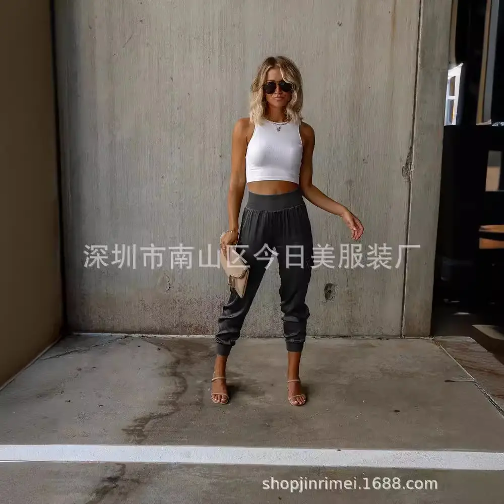 Women Satin Trousers with Elastic Waist & Pocket Casual 2022 - Image 5