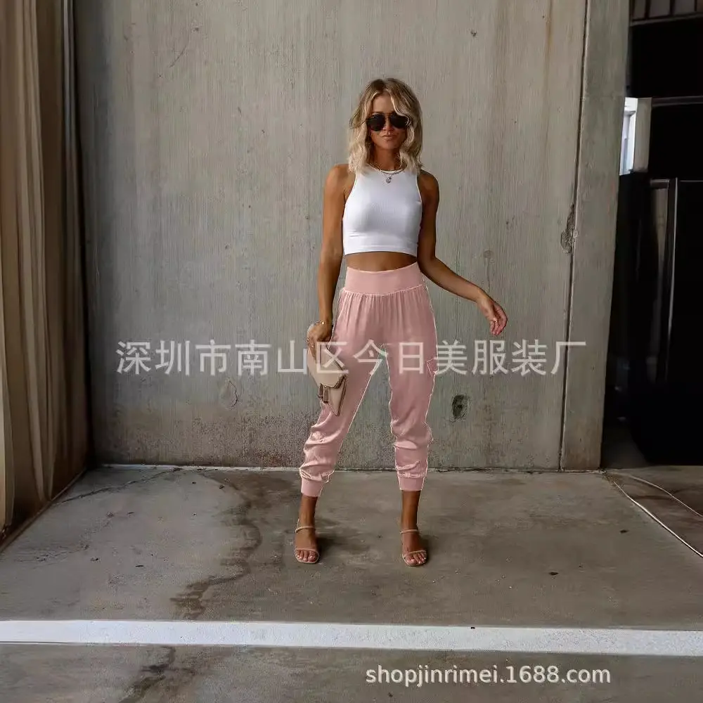 Women Satin Trousers with Elastic Waist & Pocket Casual 2022 - Image 7