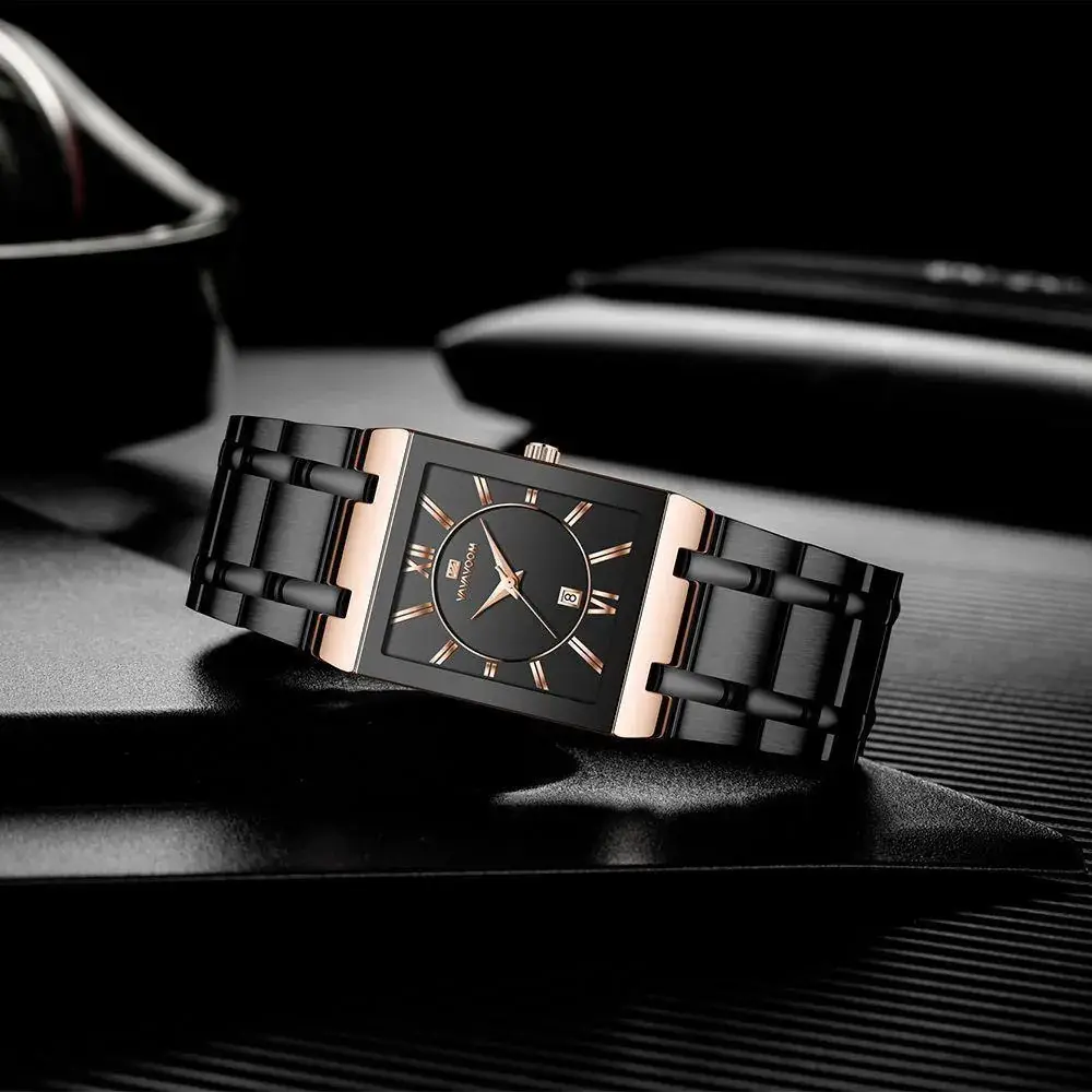 Men's Square Watch Black Gold Quartz Waterproof