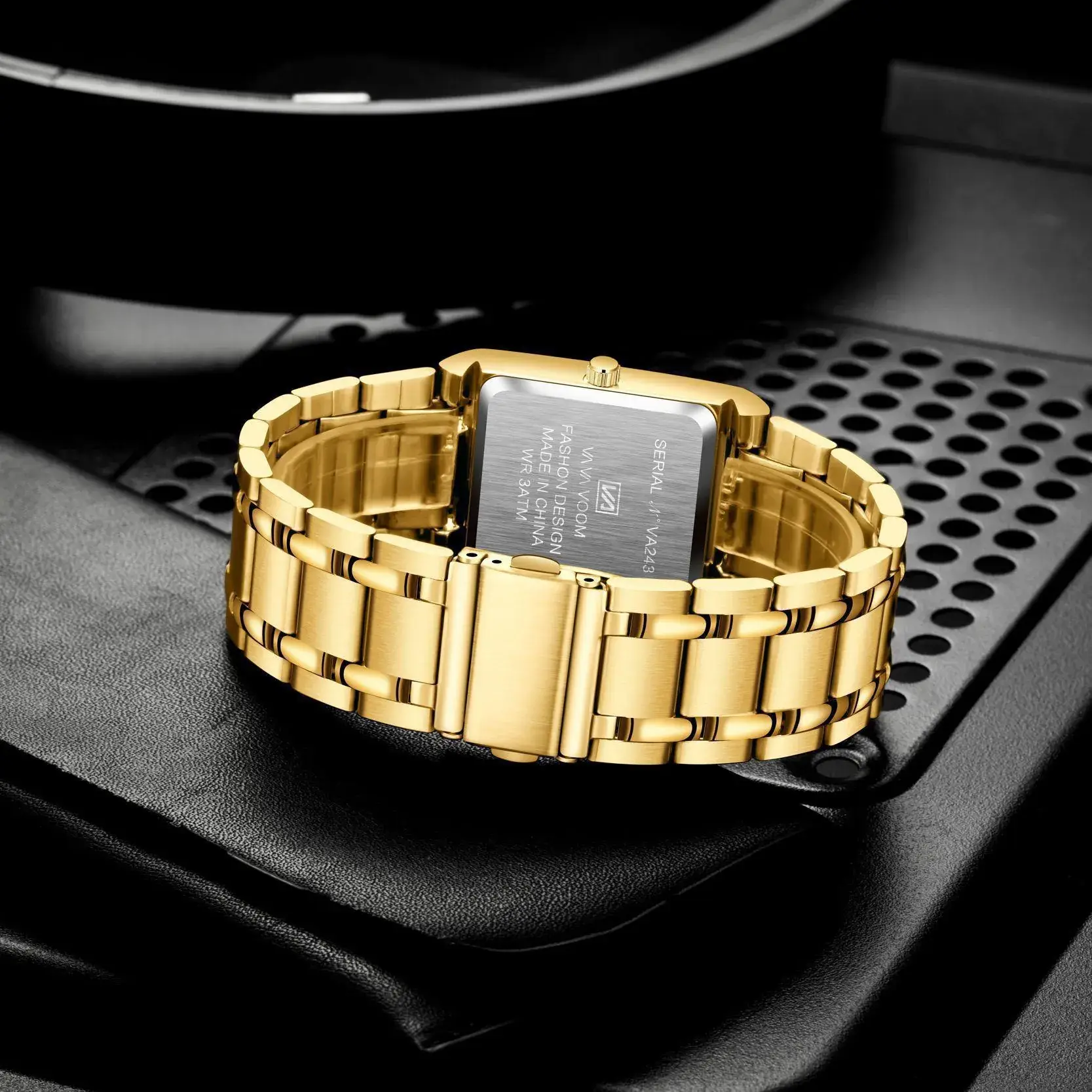 Men's Square Watch Black Gold Quartz Waterproof