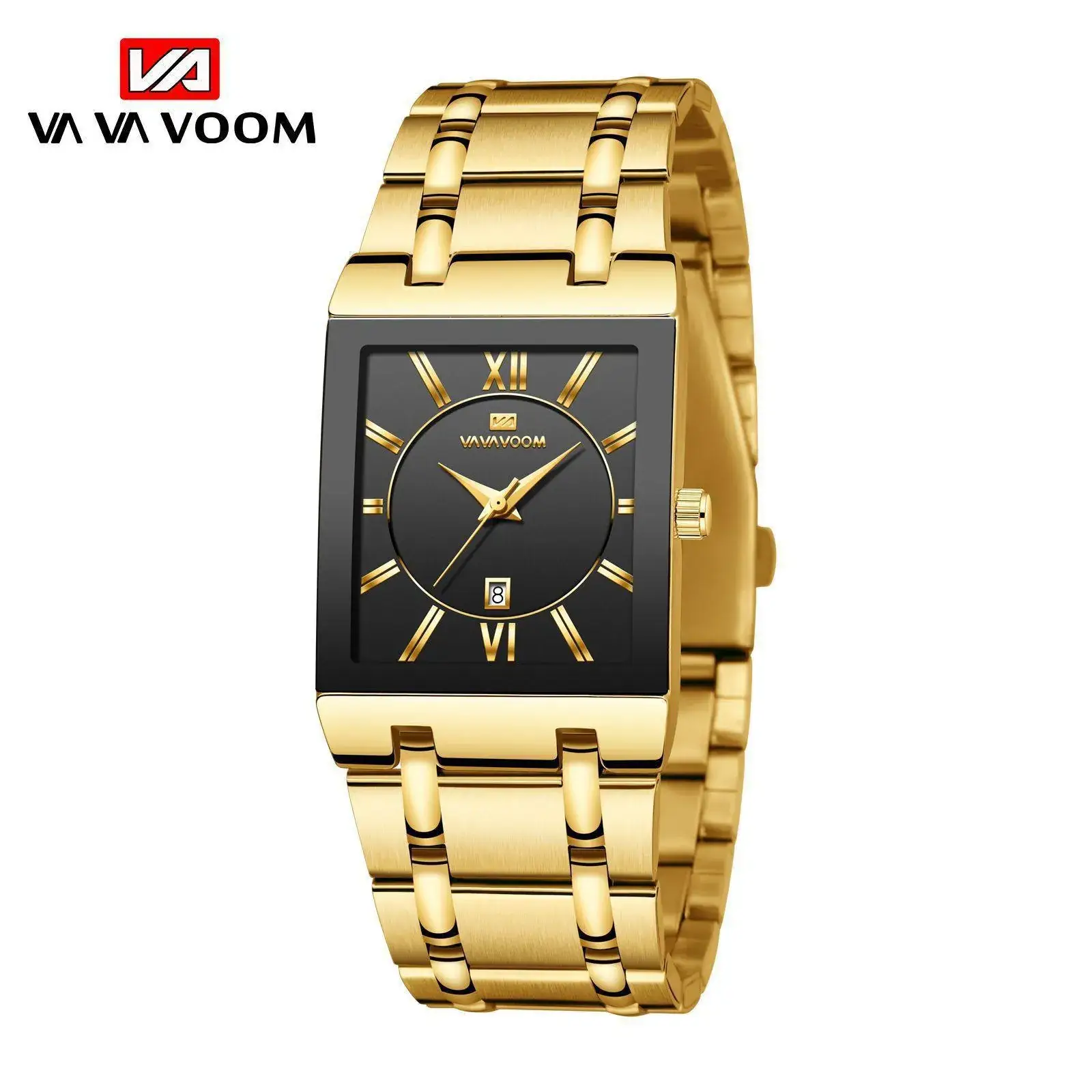 Men's Square Watch Black Gold Quartz Waterproof