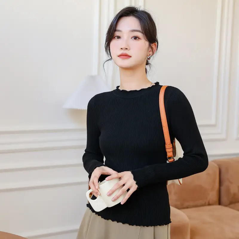 White Ruffled Knit Half-High Collar Sweater - Image 2