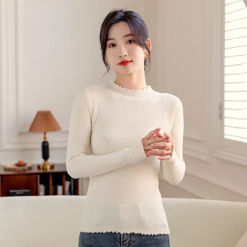 White Ruffled Knit Half-High Collar Sweater - Image 3