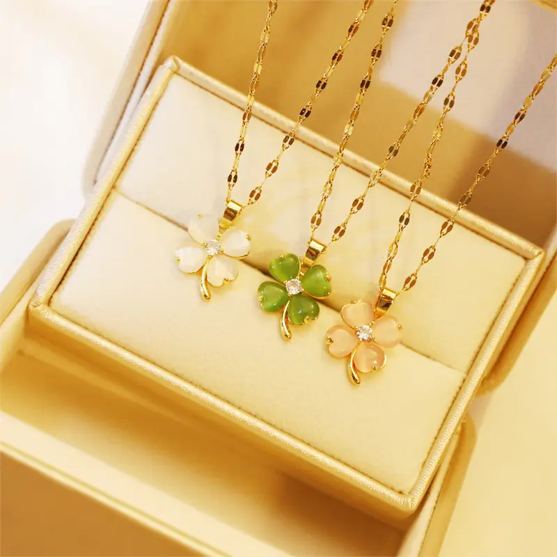 New Cat's Eye Stone Four-Leaf Clover Necklace Women Titanium Steel 18K Gold - Image 5