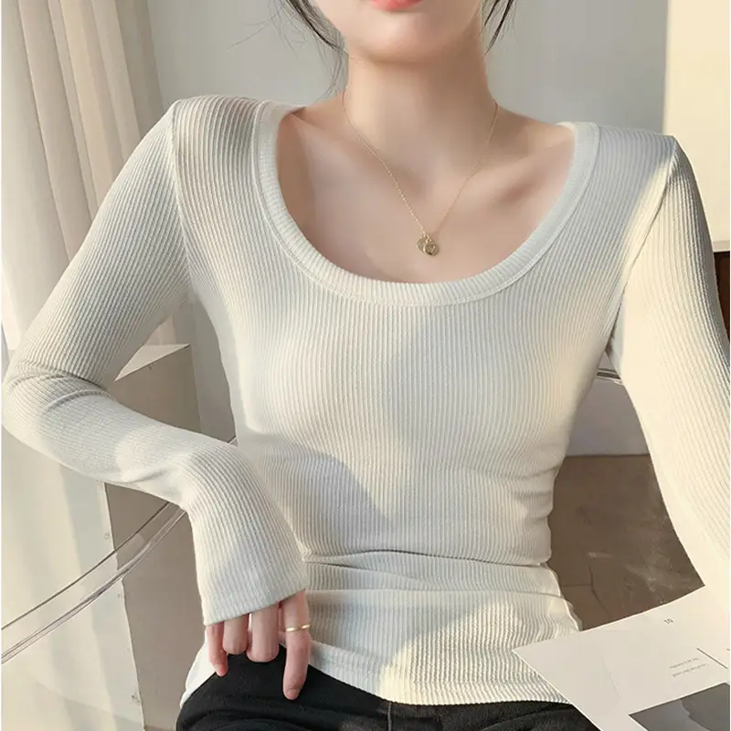 Women's Light Blue Elastic U-Neck Long Sleeve Shirt