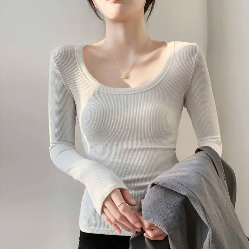 Women's Light Blue Elastic U-Neck Long Sleeve Shirt