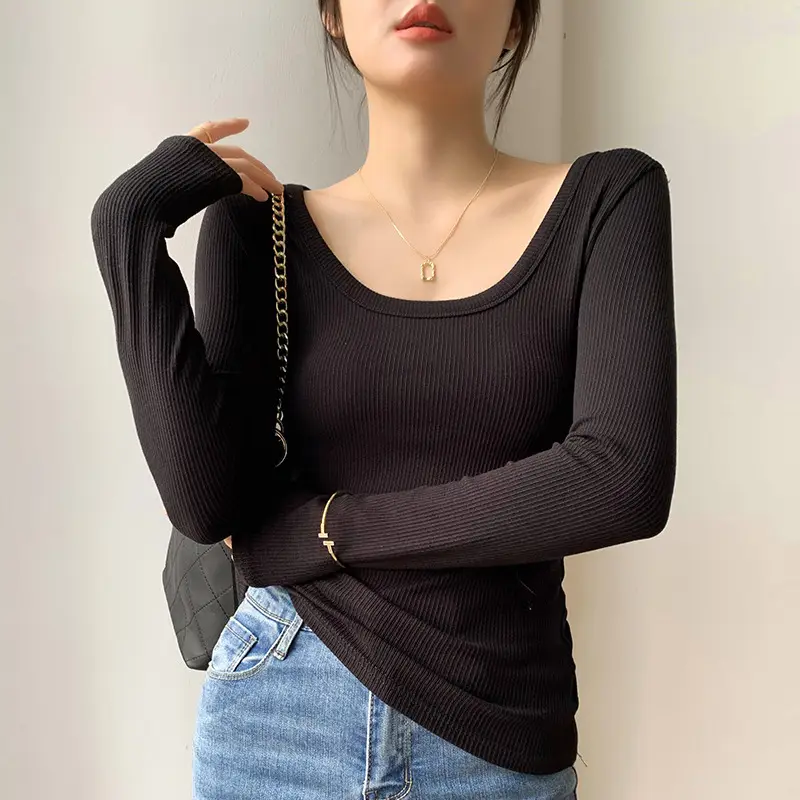 Women's Light Blue Elastic U-Neck Long Sleeve Shirt
