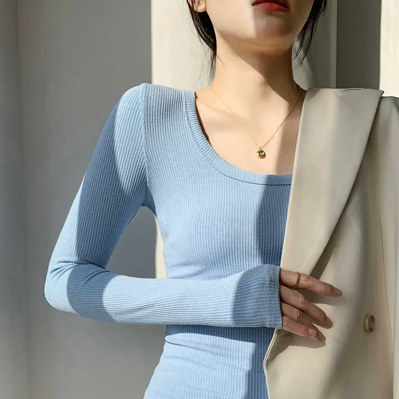 Women's Light Blue Elastic U-Neck Long Sleeve Shirt