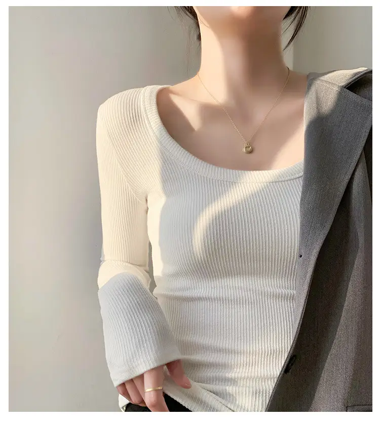Women's Light Blue Elastic U-Neck Long Sleeve Shirt — feature 13