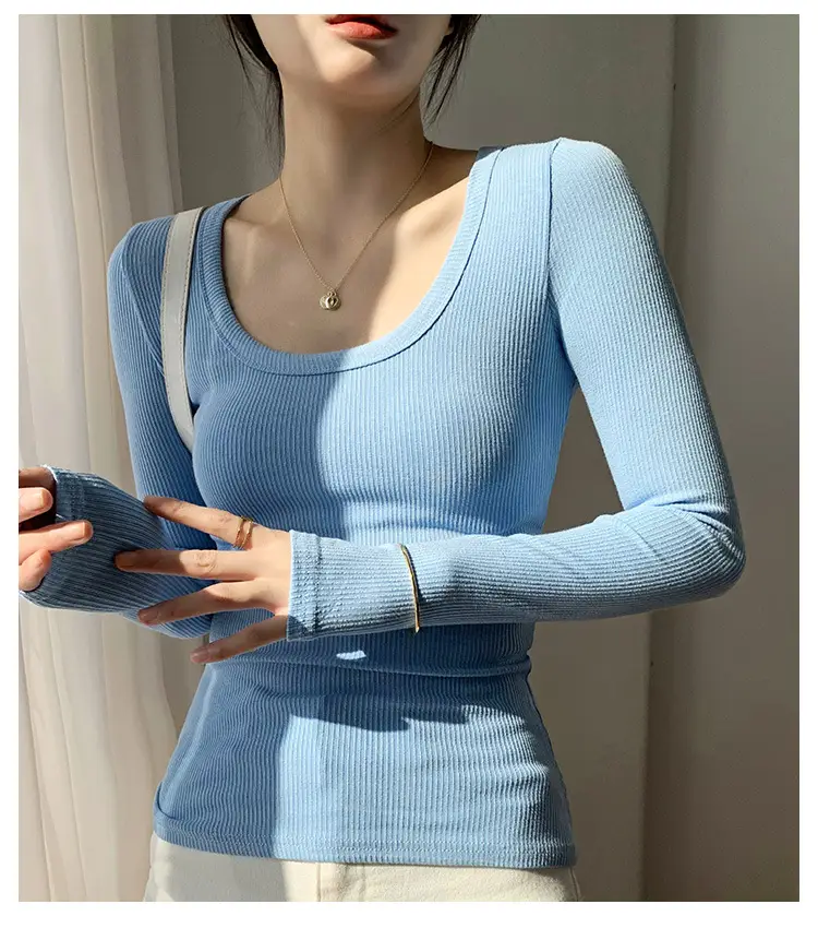 Women's Light Blue Elastic U-Neck Long Sleeve Shirt — feature 15