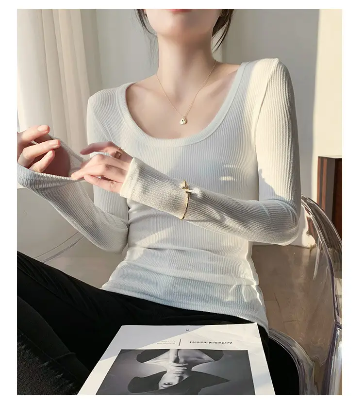Women's Light Blue Elastic U-Neck Long Sleeve Shirt — feature 16