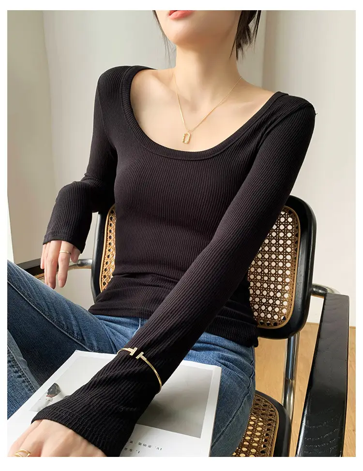 Women's Light Blue Elastic U-Neck Long Sleeve Shirt — feature 17
