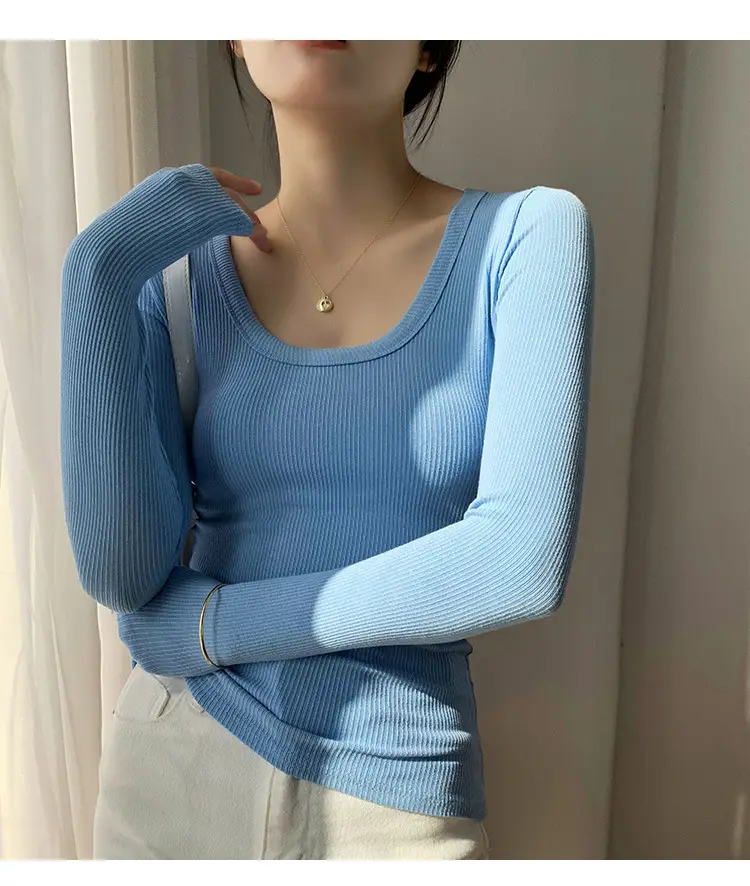 Women's Light Blue Elastic U-Neck Long Sleeve Shirt — feature 18