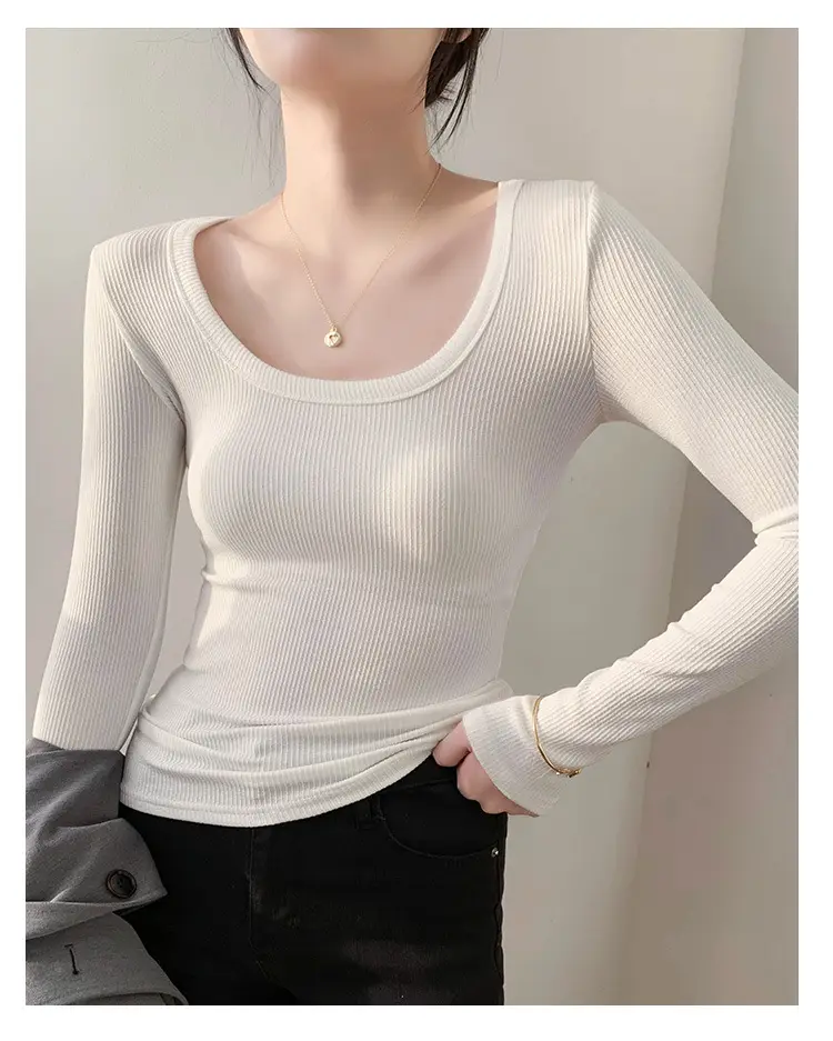 Women's Light Blue Elastic U-Neck Long Sleeve Shirt — feature 19