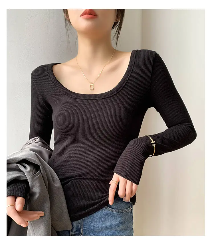 Women's Light Blue Elastic U-Neck Long Sleeve Shirt — feature 20