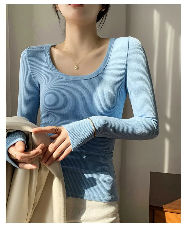 Women's Light Blue Elastic U-Neck Long Sleeve Shirt — feature 21