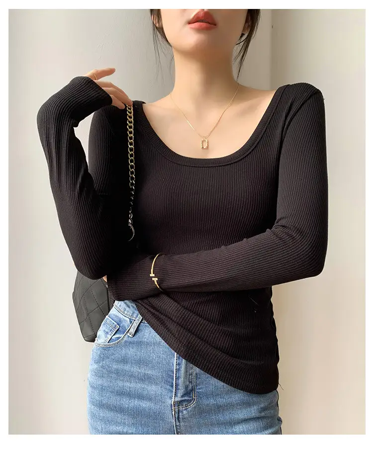 Women's Light Blue Elastic U-Neck Long Sleeve Shirt — feature 23