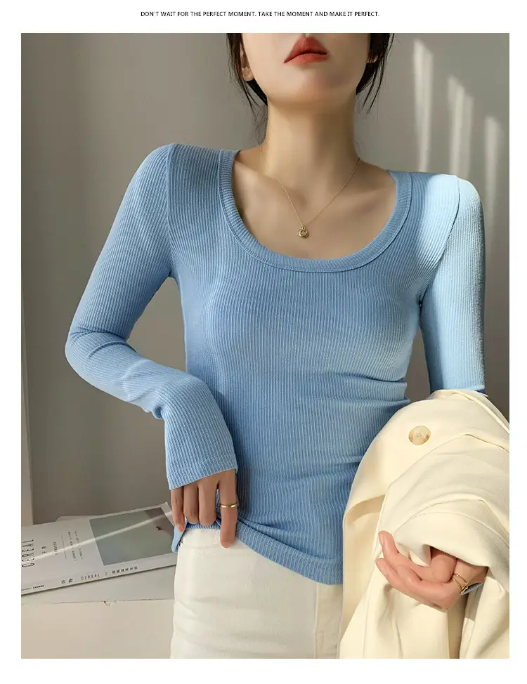 Women's Light Blue Elastic U-Neck Long Sleeve Shirt — feature 24