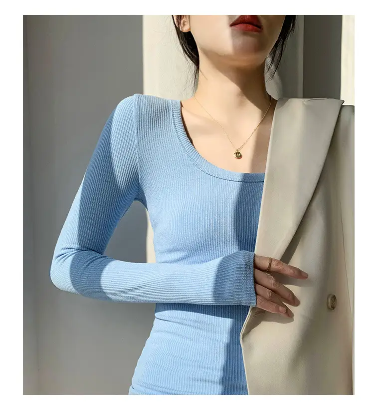 Women's Light Blue Elastic U-Neck Long Sleeve Shirt — feature 27