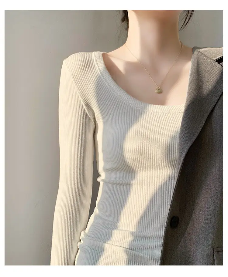 Women's Light Blue Elastic U-Neck Long Sleeve Shirt — feature 28