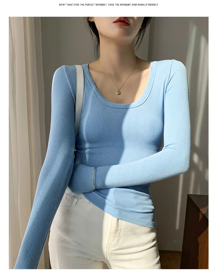 Women's Light Blue Elastic U-Neck Long Sleeve Shirt — feature 30