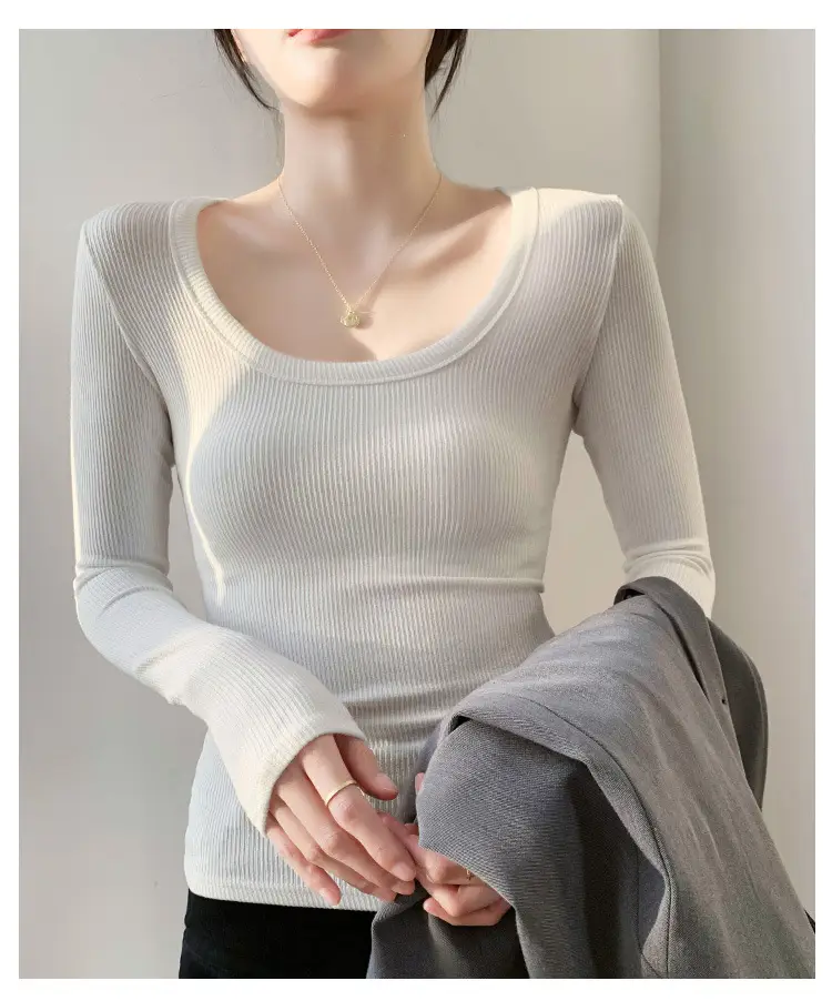 Women's Light Blue Elastic U-Neck Long Sleeve Shirt — feature 31