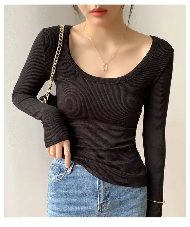Women's Light Blue Elastic U-Neck Long Sleeve Shirt — feature 32