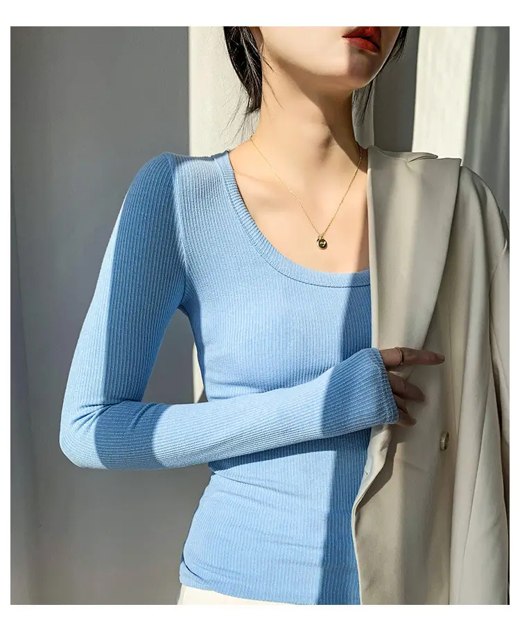 Women's Light Blue Elastic U-Neck Long Sleeve Shirt — feature 33
