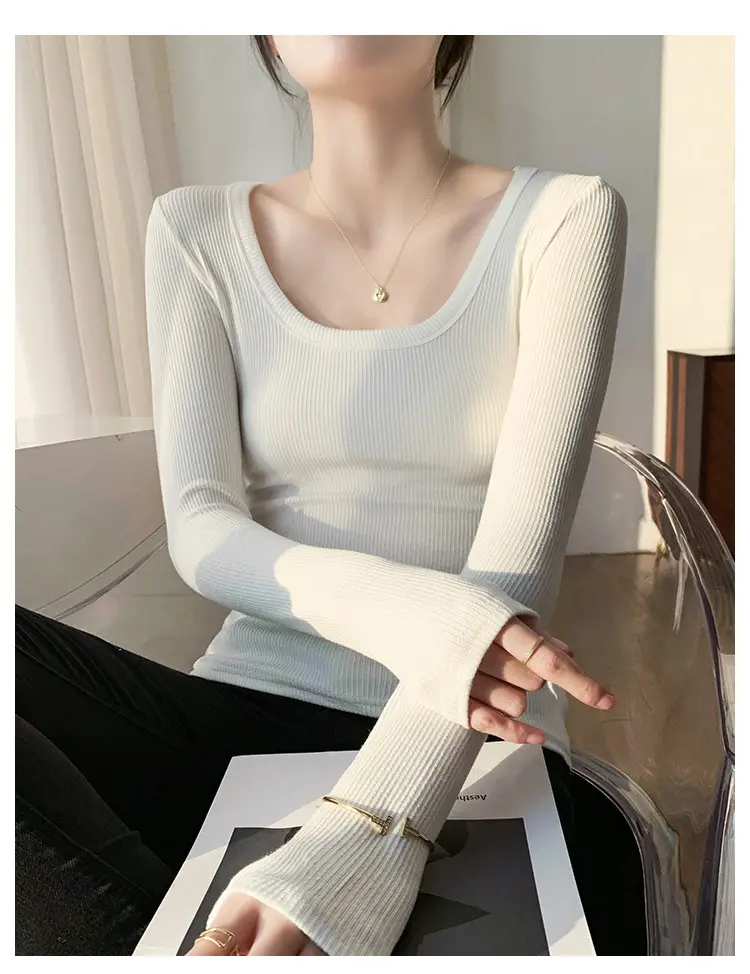 Women's Light Blue Elastic U-Neck Long Sleeve Shirt — feature 34