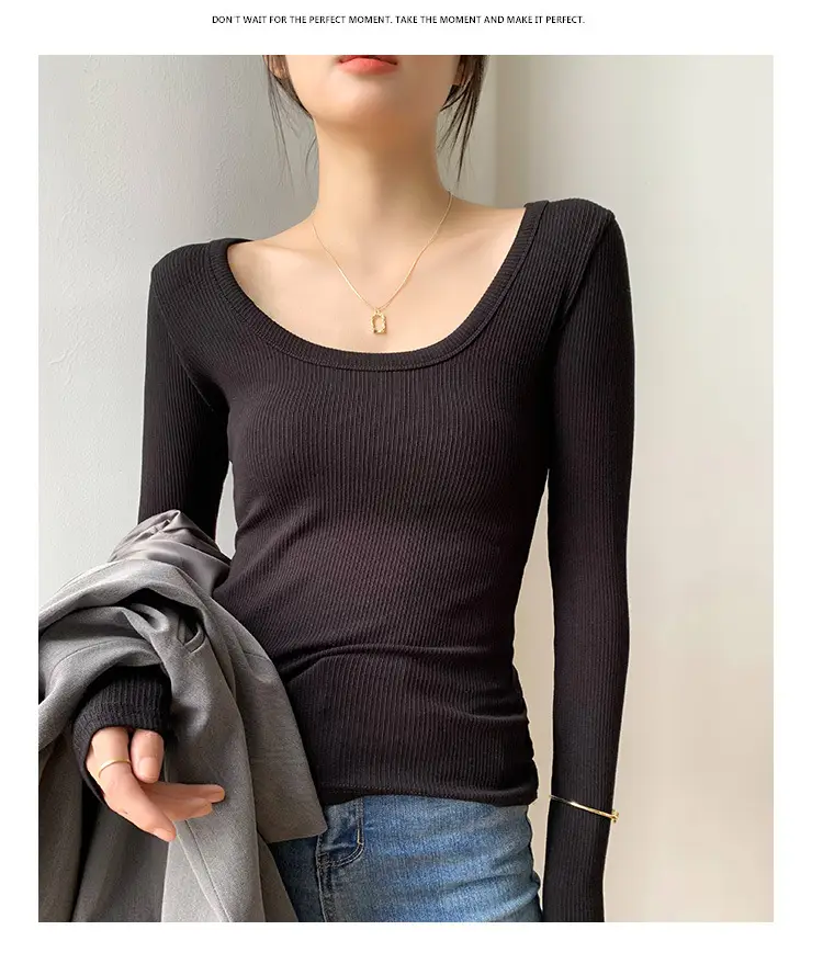 Women's Light Blue Elastic U-Neck Long Sleeve Shirt — feature 35