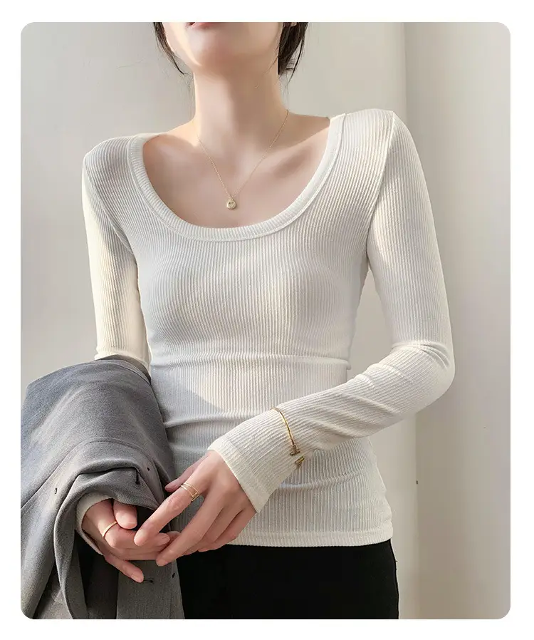 Women's Light Blue Elastic U-Neck Long Sleeve Shirt — feature 36