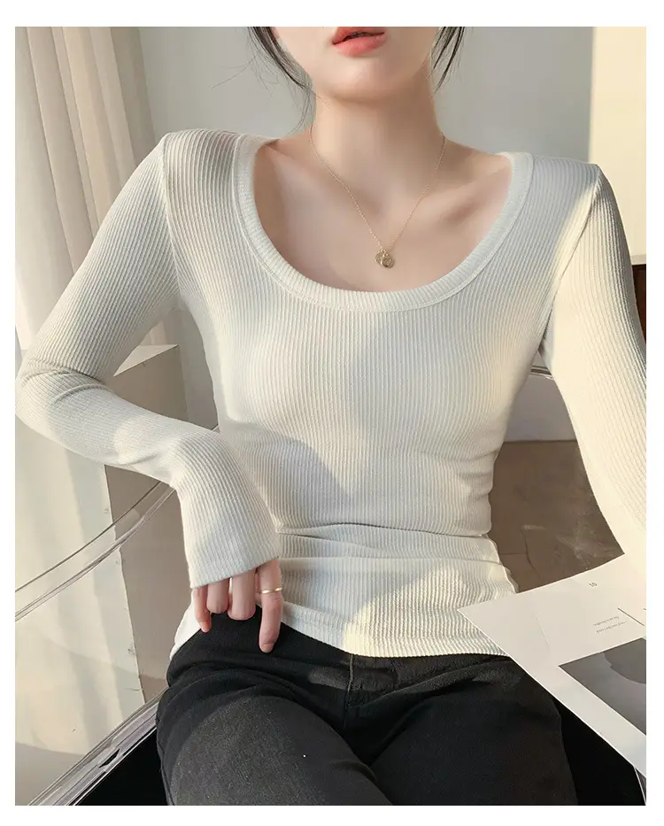 Women's Light Blue Elastic U-Neck Long Sleeve Shirt — feature 37