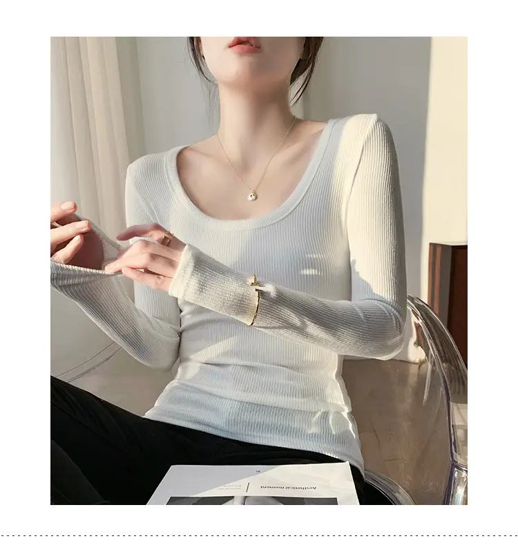 Women's Light Blue Elastic U-Neck Long Sleeve Shirt — feature 6